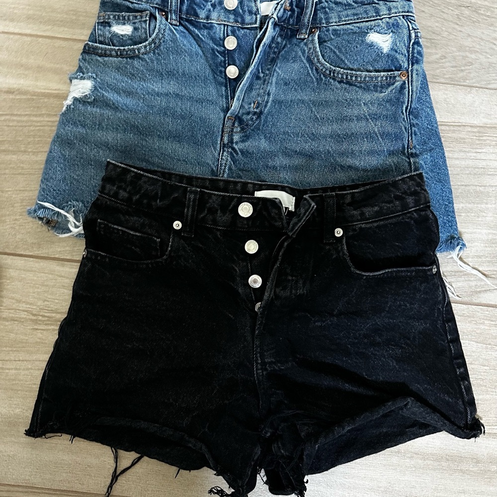 Denim and Black Button-Fly Shorts Set